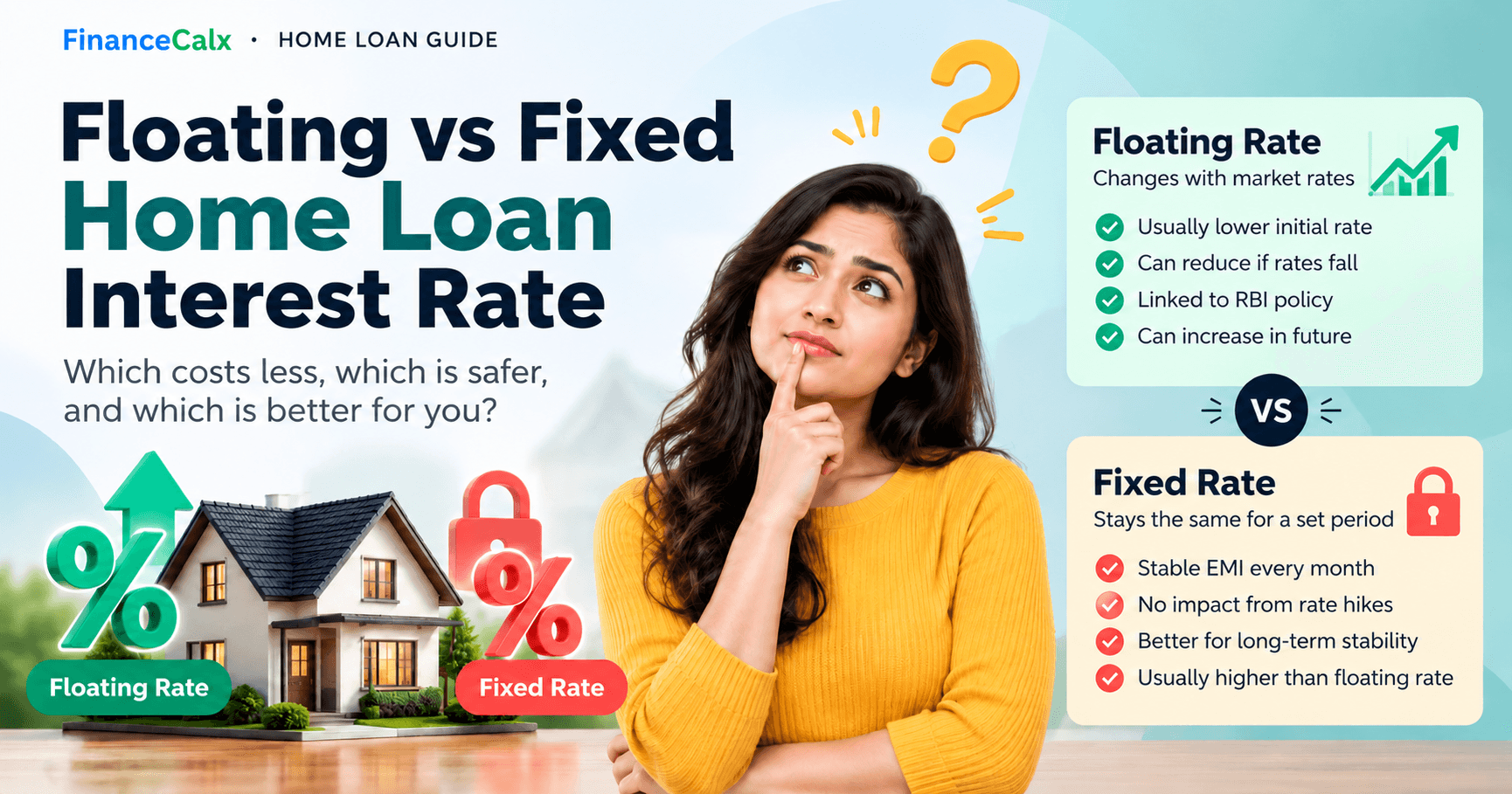 Bar chart comparing total interest on a ₹50 lakh, 20-year home loan: ₹54.14 lakh at 8.5% floating versus ₹61.86 lakh at 9.5% fixed