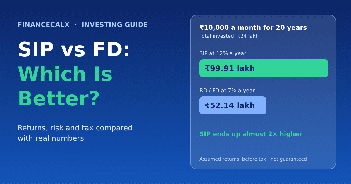 Bar chart comparing ₹10,000 a month over 20 years: ₹99.91 lakh in a 12% SIP versus ₹52.14 lakh in a 7% recurring deposit